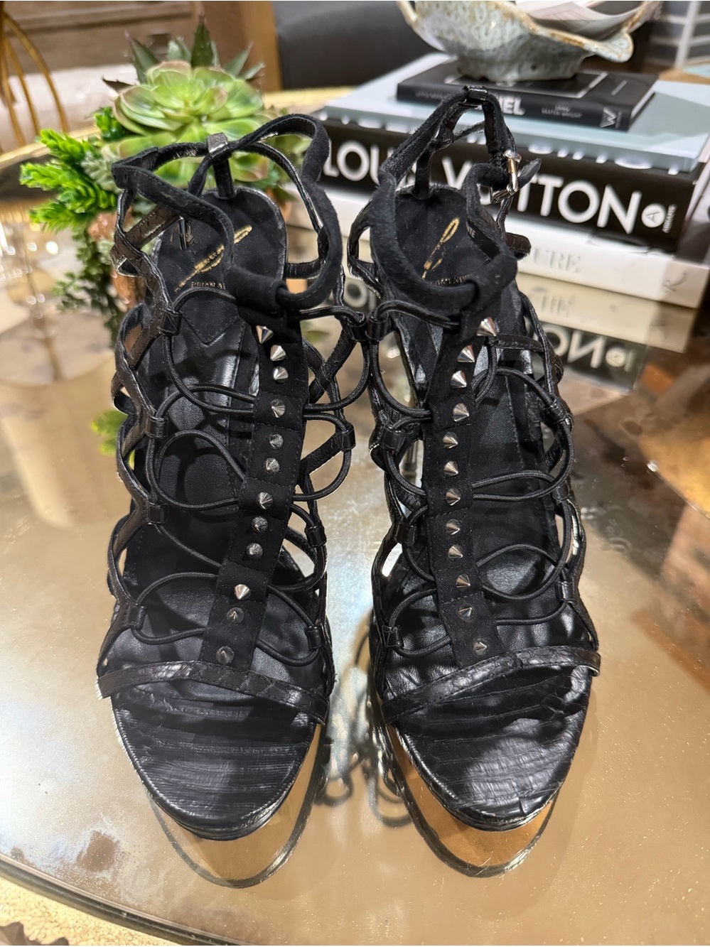 Brian Atwood Black Studded Leather and Suede Bootie Sandals size 9.5